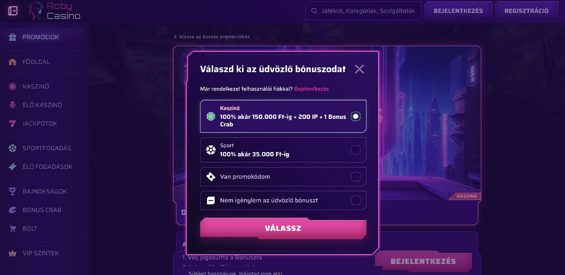 Pillanatkép a Roby Kaszinó regisztrációs folyamatáról 1. lépés