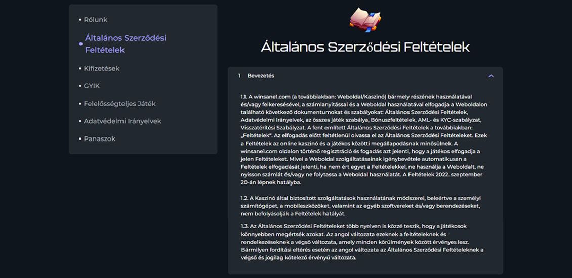 A Winsane kaszinó feltételei és követelményei