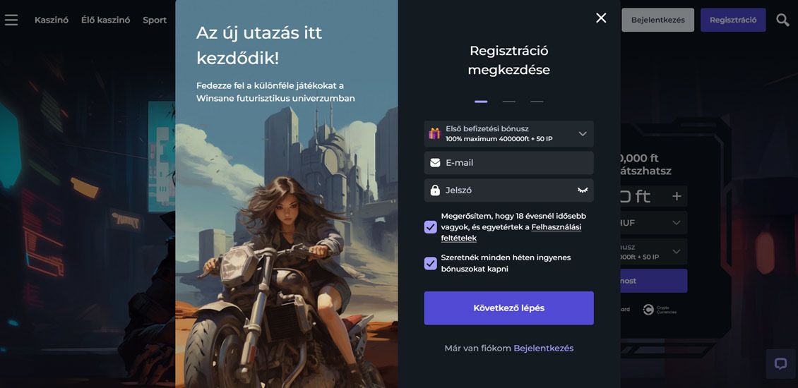 Pillanatkép a Winsane Kaszinó regisztrációs folyamatáról 2. lépés
