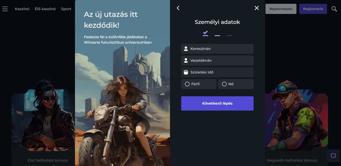 Pillanatkép a Winsane Kaszinó regisztrációs folyamatáról 3. lépés