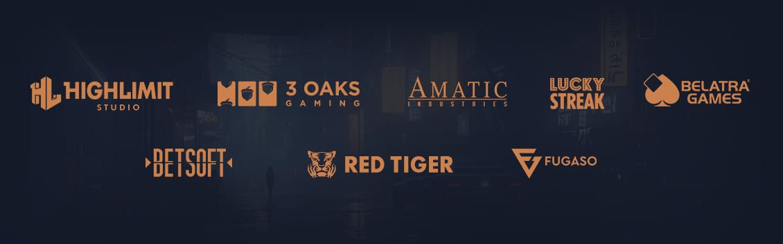 Olyan studiok logói találhatóak, mint a 3 Oaks, Amatic, Lucky Streak, Belatra, Betsoft, Red Tiger és Fugaso.